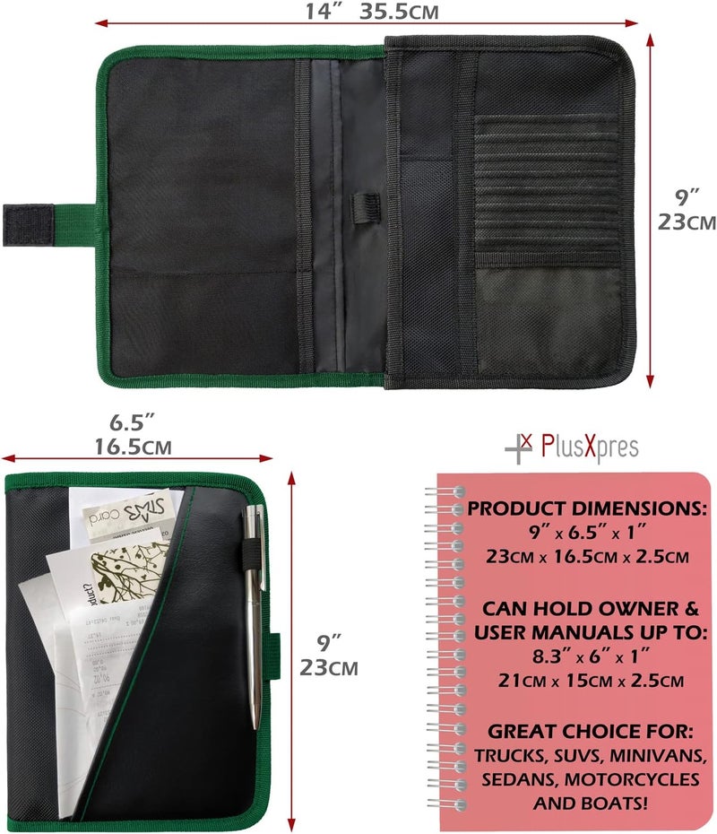 PlusXpres Glove Box Compartment Organizer - Car Document Holder - Owner Manual Case Pouch - Vehicle Storage Wallet for Registration & Insurance Card - Premium Auto Paperwork Holder - Log Book included - Green - Image 4